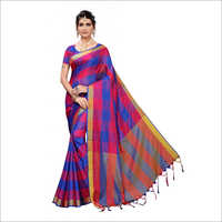 Checks Pattern Cotton Silk Saree With Jhalar