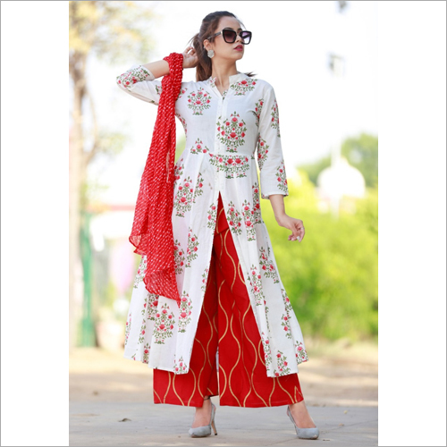 White & Red Cotton suit Set