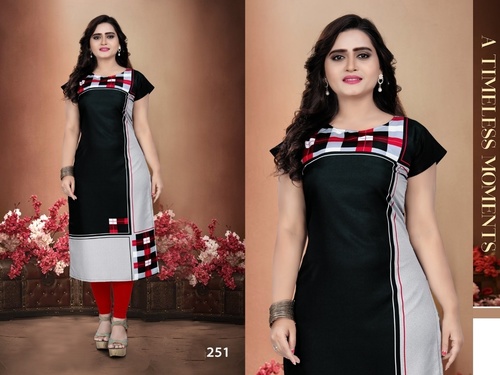 Crepe Kurti - American Crepe, M(38)-XXL(46) | Multi-Color, Digital Printed, Short Sleeve, Plus Size, Suitable for All Seasons, Western Style