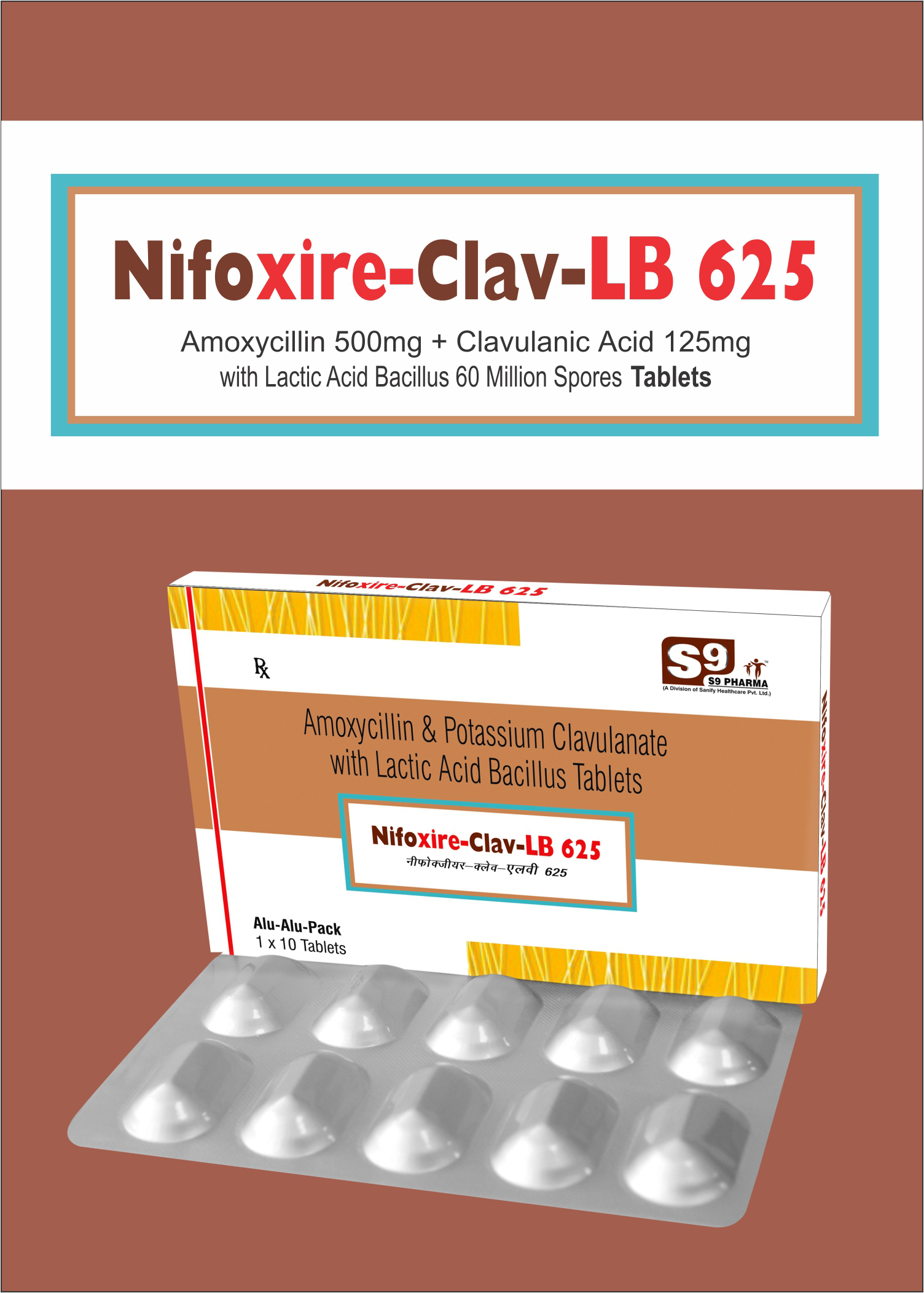 Amoxycillin 500 mg + Clavulanic Acid 125mg + Lactic Acid Baccillus 60 Million Spores. ( Alu 10x1x6)