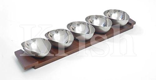 As Per Requirement Oval Sauce Bowl With Wooden Tray Set - 5 Pcs