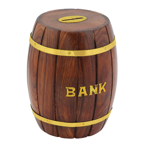 Wood Craft Art India Decorative Handmade Wooden Barrel Shape Money Bank Piggy Bank Coin Box
