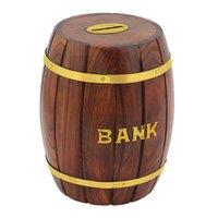 Craft Art India Decorative Handmade Wooden Barrel Shape Money Bank Piggy Bank Coin Box