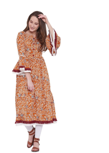 Women's Printed Cotton Kurti - Knee-Length, Yellow Color | 3/4th Bell Sleeves, Flared Hem, Round Neck with Button Detail, Loose Fit, Casual & Ethnic Wear