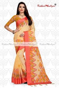 Linen Cotton Geometrical Printed Saree With Blouse