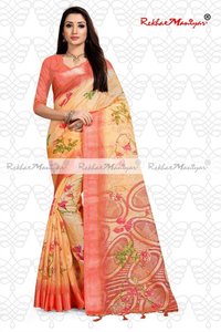 Linen Cotton Geometrical Printed Saree With Blouse