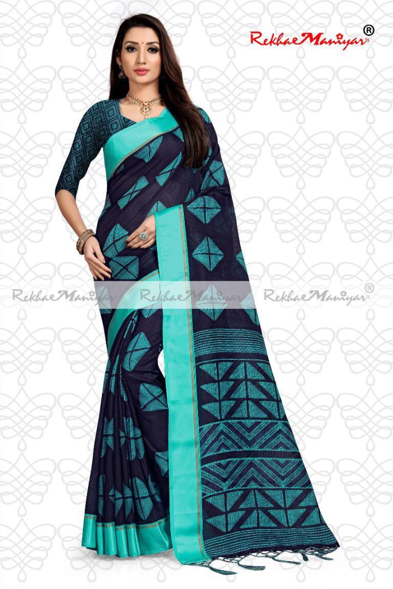 Linen Cotton Geometrical Printed Saree With Blouse