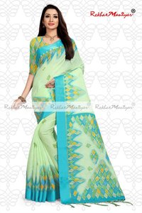 Linen Cotton Geometrical Printed Saree With Blouse
