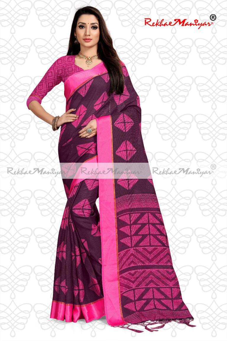 Linen Cotton Geometrical Printed Saree With Blouse