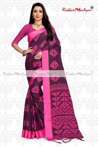 Linen Cotton Geometrical Printed Saree With Blouse