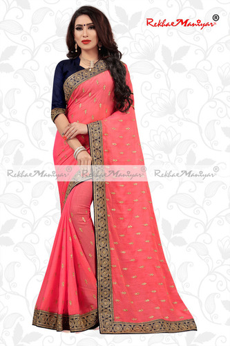 Saffron Art Silk Small Butti Work Lace Bordered Sarees With Blouse