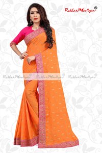 Saffron Art Silk Small Butti Work Lace Bordered Sarees With Blouse