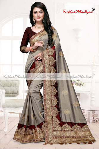 Two Tone Vichitra Silk Embroidery Work Saree With blouse