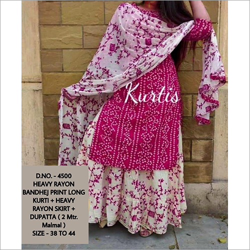 Available In Multicolor Rayon Bandhej Print Long Kurti With Dupatta And Skirt