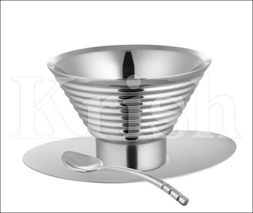 Ribbed Double Walled Ice Cup With Saucer & Spoon