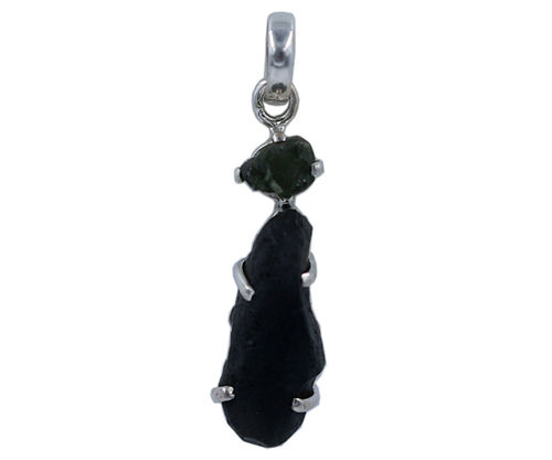 Green Unique Moldavite & Chintamani Stone 925 Silver Pendant