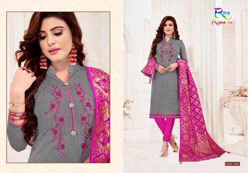 Cotton Flex Slub Hand Work Ensemble - Cotton Fabric, Banarasi Jacquard Dupatta | Quick Dry, Washable, Hand Embroidered Design, Ideal for All Seasons