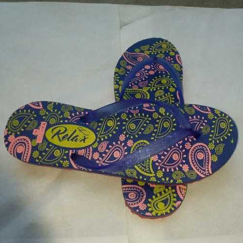 Blue Flip Flop - Rubber Material Unisex Design | Straw Upper with Vibrant Pink and Yellow Print on a Blue Surface