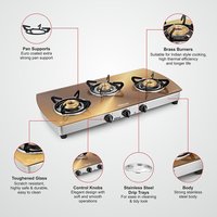 Sunflame Crystal Stainless Steel 3 Burner Gas Stove, Gold