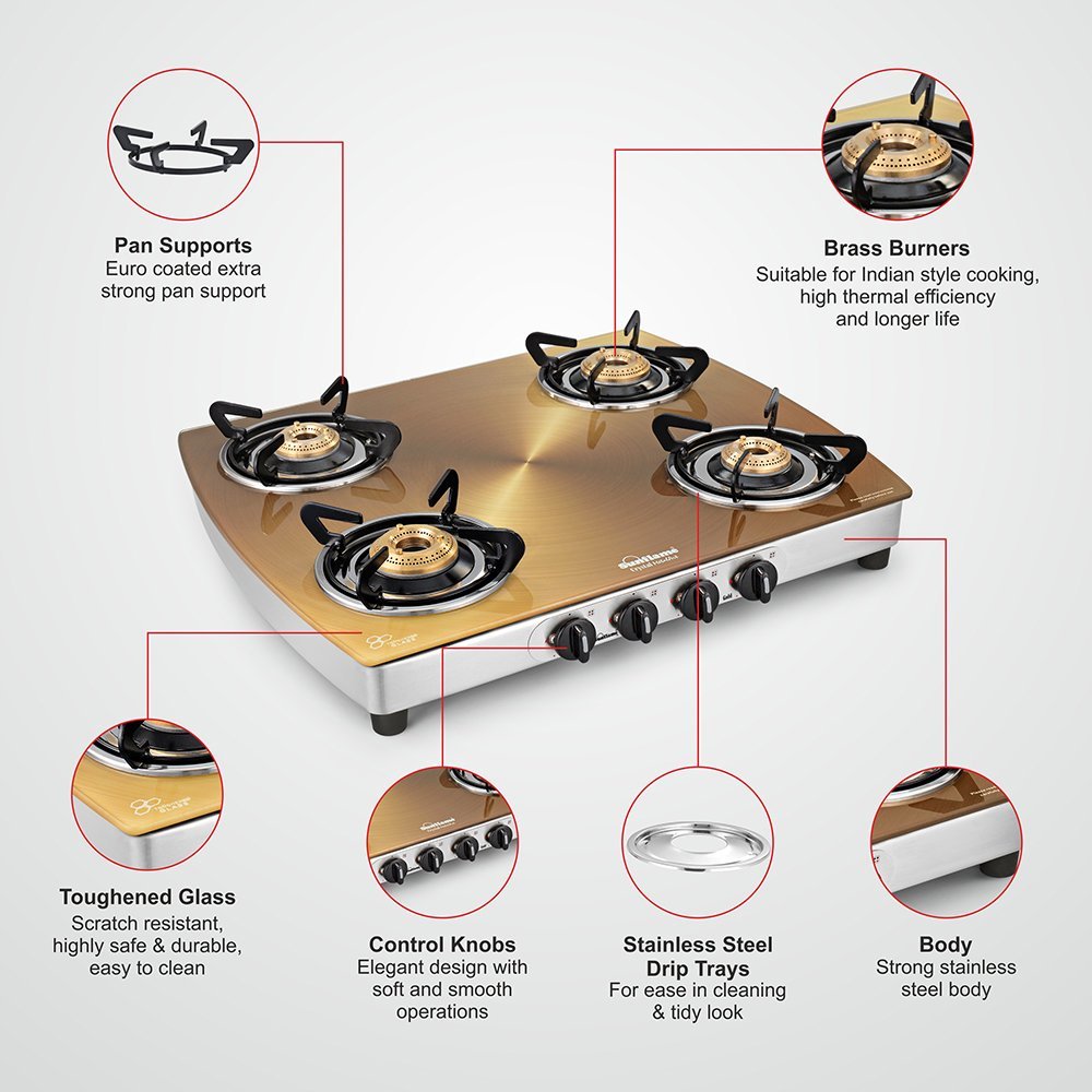 Sunflame Crystal Stainless Steel 4 Burner Gas Stove, Gold