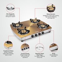 Sunflame Crystal Stainless Steel 4 Burner Gas Stove, Gold
