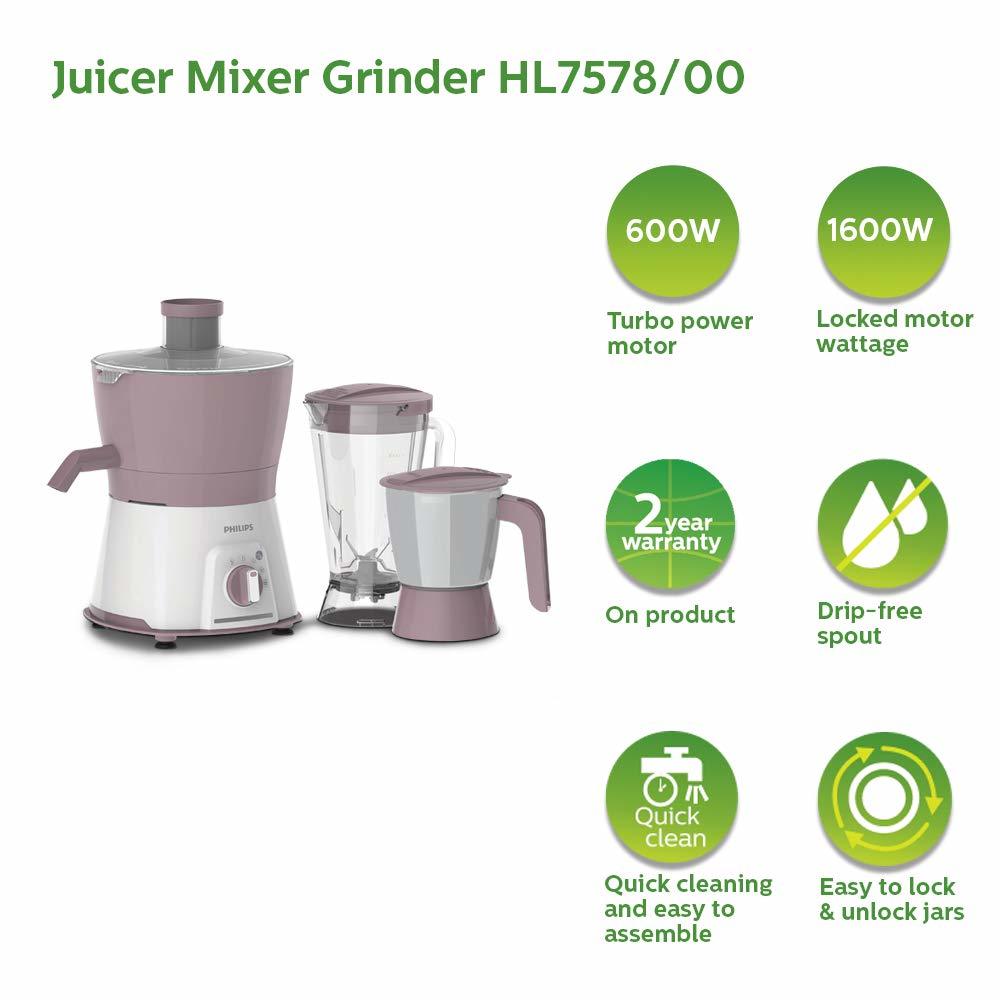 Philips HL7578/00 600W Turbo Juicer Mixer Grinder with 3 Jars - Nuti Juicer Jar, Blender and Multi Purpose jar