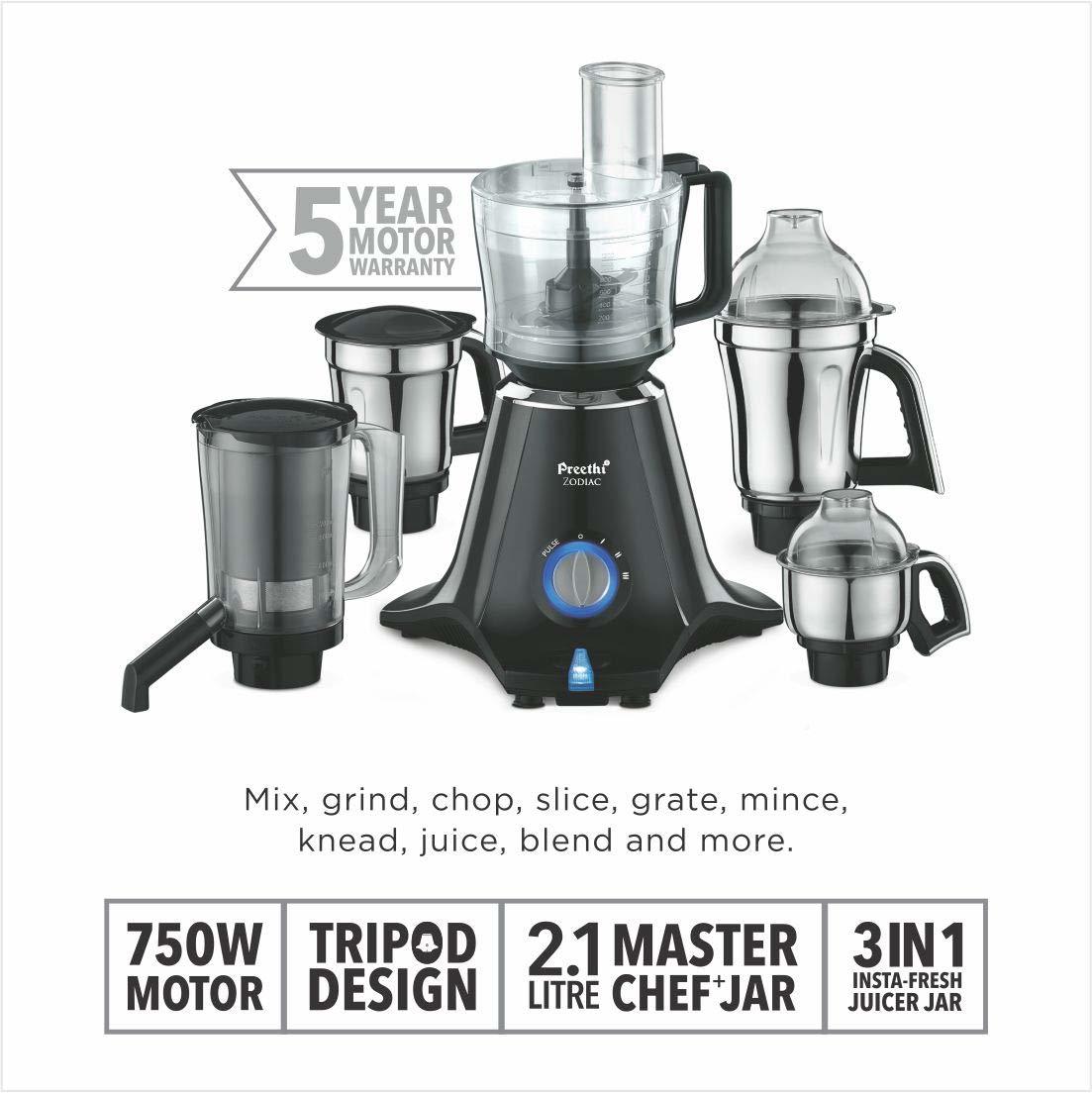 Preethi Zodiac MG 218 750-Watt Mixer Grinder with 5 Jars (Black/Light Grey)