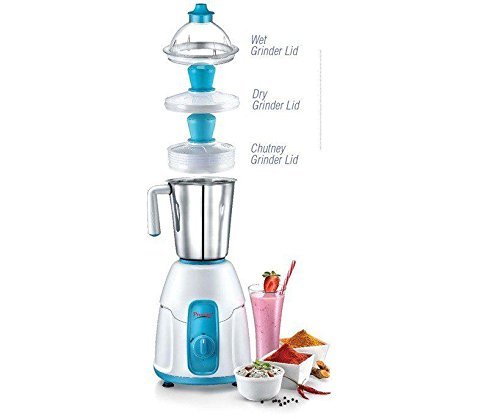 Prestige Racer 550-Watt Mixer Grinder - Racer with 1 Jar and 3 Lids (White/Blue)
