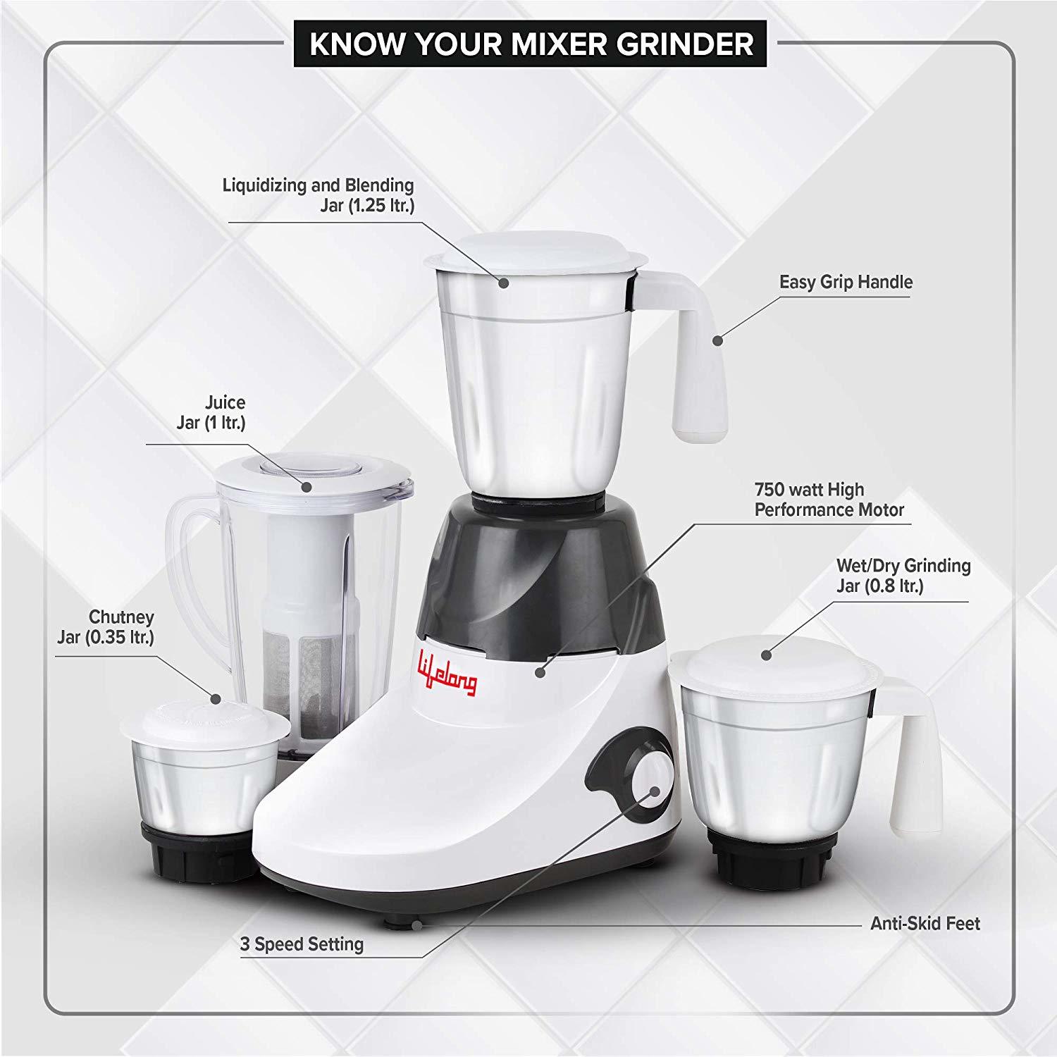 Lifelong 750 Watt Mixer Grinder with 3 Stainless Steel Jar + 1 Juicer Jar, White and Grey