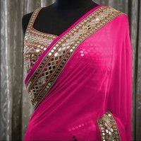 GEORGETTE MORROR WORK TAFFETA SILK SAREE