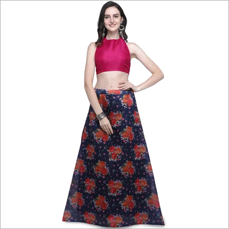 Printed Lehenga Choli - Silk, Customized Size, 44 Inch Length | Navy Blue and Burgundy Floral Print, Washable, Sleeveless Design, Flared Hem