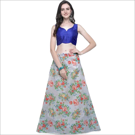 Floral Print Lehenga - Printed Material, 42 Inch Length, Grey and Blue Colors | Classic Ethnic Design, Washable for All Seasons