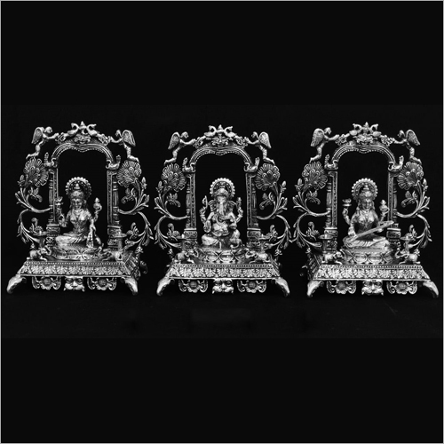 Lord Ganesh Laxmi And Saraswati Silver  Statue