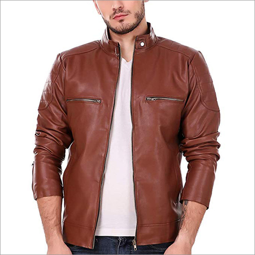 Mens Leather Retail Tan Solid Biker Jacket