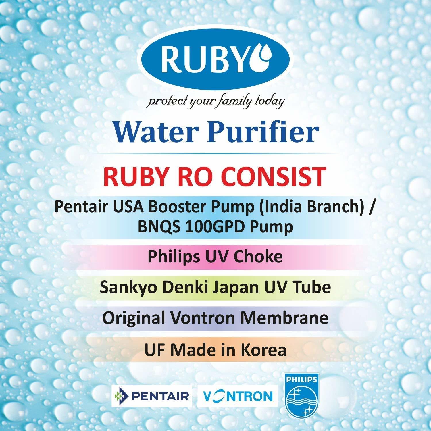 Ruby Water Purifier RO+UV+UF+MAT+TDS Controller 12 Stage Purification With Storage 12 Litres suitable for home and office Use With Pre-Filter,Sediment Filter,Activated Carbon & Mineral Cartridge