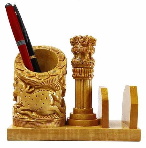 Wood Wooden Pen Stand With Ashok Stambha And Card Holder