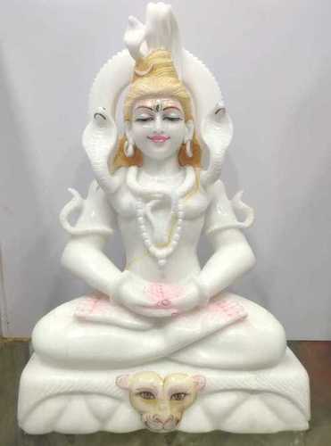 Mahadev Statue - White Marble, 1.5 Foot Size | Elegant Sitting Design, 4 Hands Holding Damru, Trishool, and Kamandal, Adorned with Cloth and Jewellery for Temples and Home Decoration