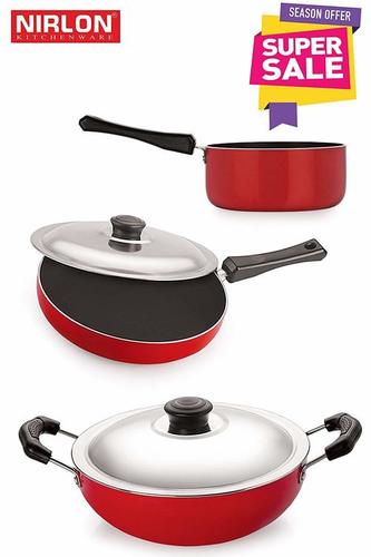 Nirlon Non Stick 3 Piece Combo Set Aluminium Red & Black