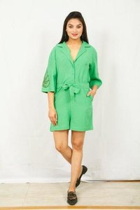 Ladies Jumpsuit - Cotton Fabric, Regular Fit, Green Color | Half Sleeve, Solid Pattern, Button Closure, Short Length