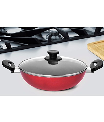 Pigeon by Stovekraft Mio Aluminum Kadai with Lid, 240mm, Red
