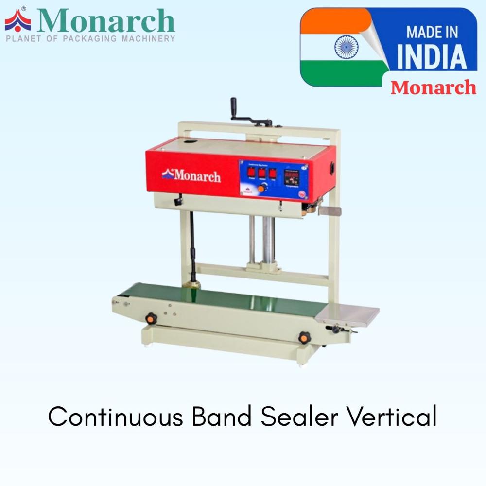 Vertical Continuous Bag Sealer Machine - Plastic, 17" x 34" x 31", Red & White | Semi-Automatic, 600W Power, Manual Control System, Sealing Speed Up to 12 Mtr./Min, Suitable for BOPP and Multi-Layer Packaging