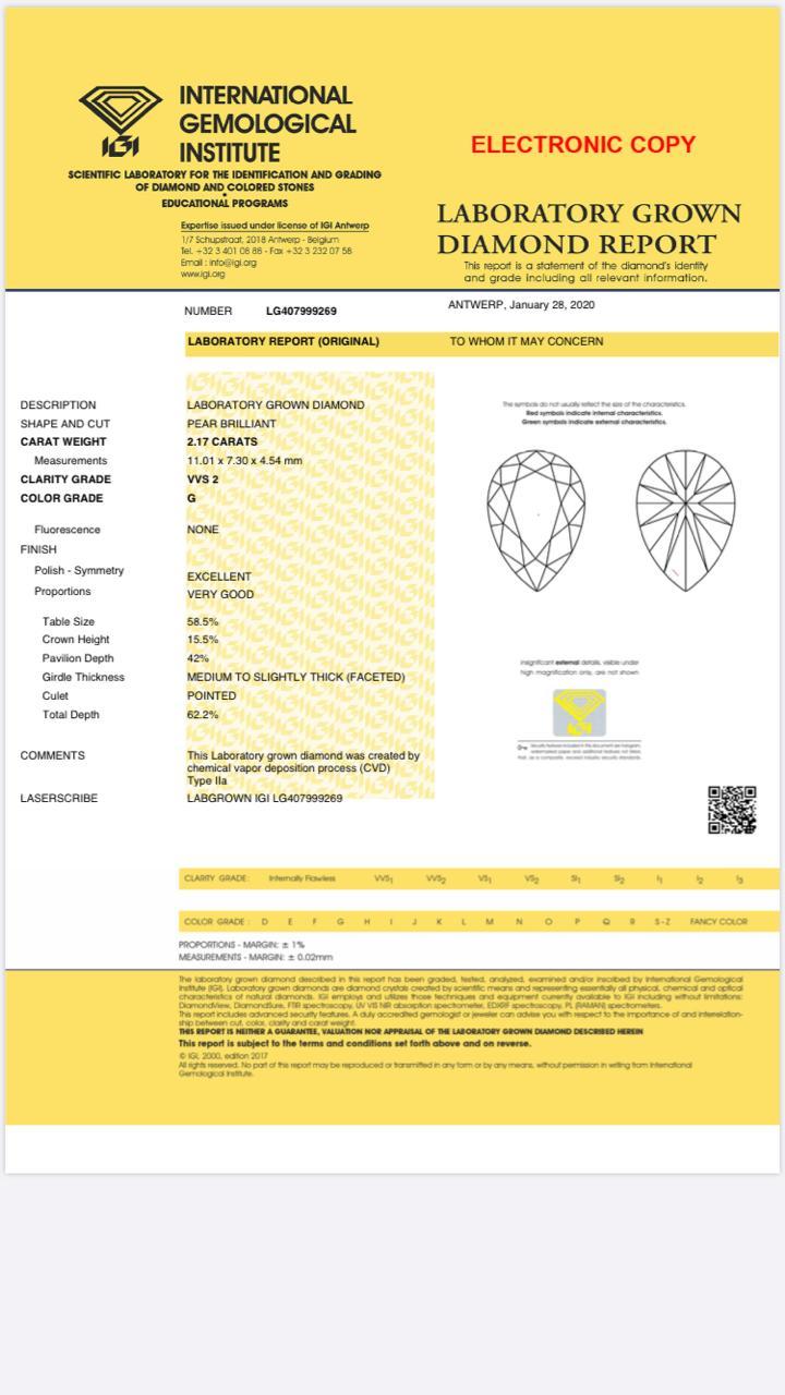 CVD Diamond 2.17ct G VVS2 pear Shape IGI Certified Stone