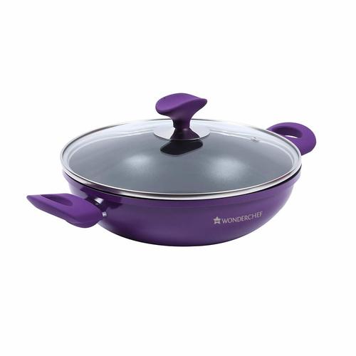 Wonderchef Induction Base Non-Stick Aluminum Elite Wok with Lid, 20cm, 2-Pieces, Purple and Black
