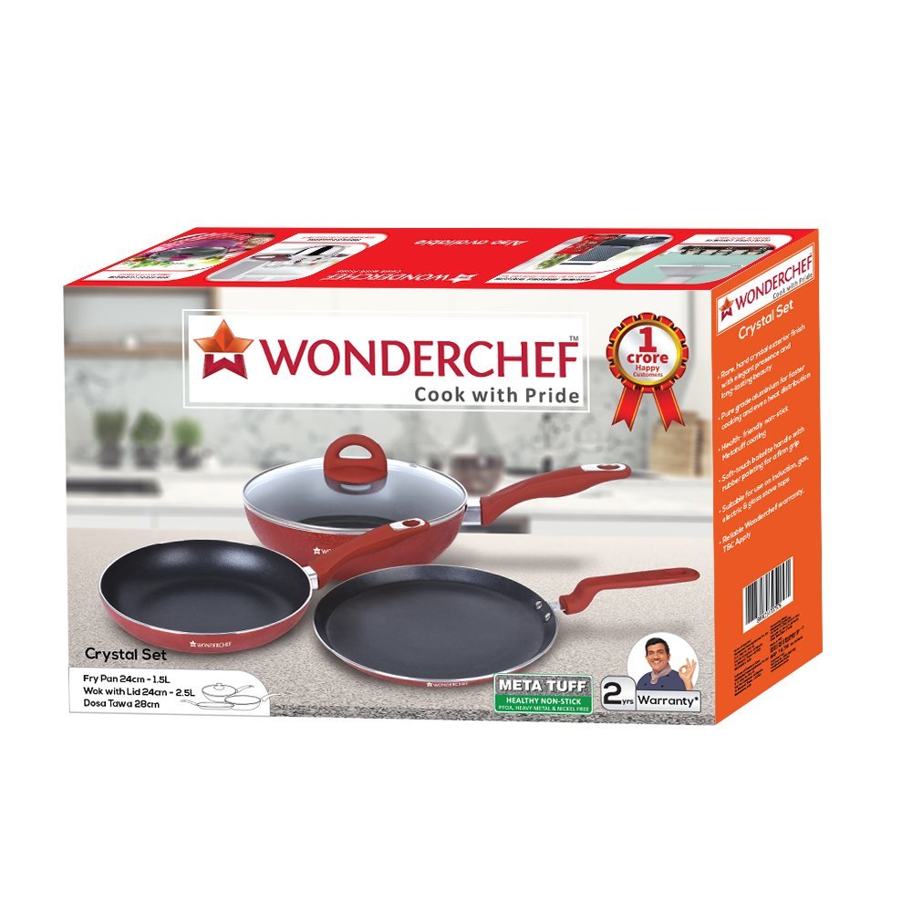 Wonderchef Crystal Aluminium Cookware Set, 1.5 Liters/24 cm, 4-Pieces, Red