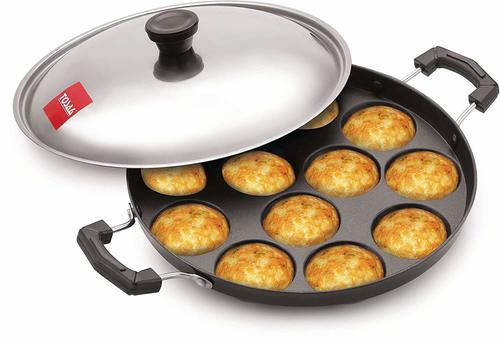 Tosaa 12 Cavity Appam Patra Side Handle with Lid, 23 cm, Black