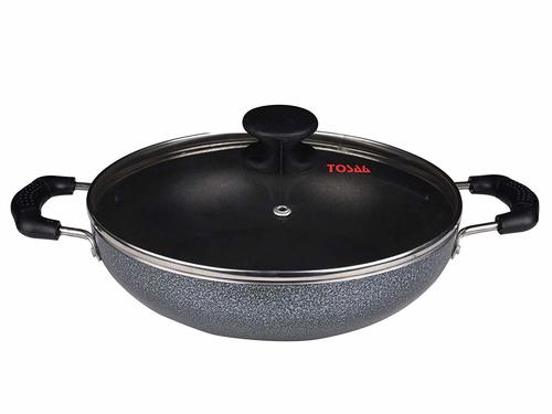 Tosaa Non-Stick 2 Litre Kadhai with Glass Lid, 24 cm (Induction and Gas Compatible), Black