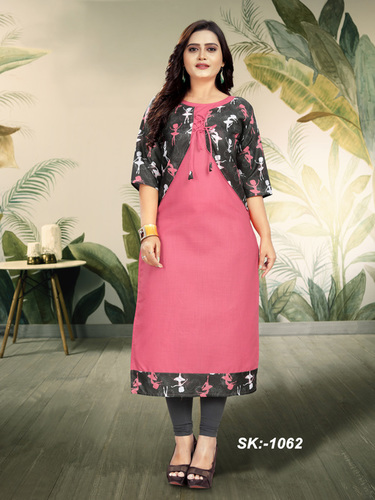 Cotton Kurti - Heavy Cotton Fabric, Size M(38)-XXL(44), Pink Color | Digital Printed, 3-4th Sleeve, Ethnic Style, Suitable for Spring, Summer, Winter