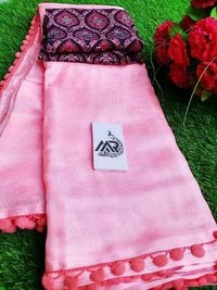 Cotton Saree - Lenun Jute Cotton Fabric With Designer Blouse | Plain Pattern In Yellow, Grey, Light Orange, Light Green, Light Chiku, Pink, Light Blue - Perfect For All Seasons