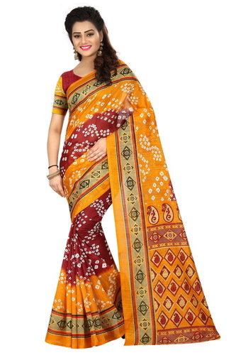 Multicolor New Bhagalpuri Bandhanii Silk Saree With Attechd Blouse