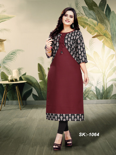 Cotton Kurti - Ruby Cotton Fabric, M(38)-XXL(44), Maroon Color, 3-4th Sleeve, Digital Printed, Modern Style, Suitable for Rainy & Winter Seasons